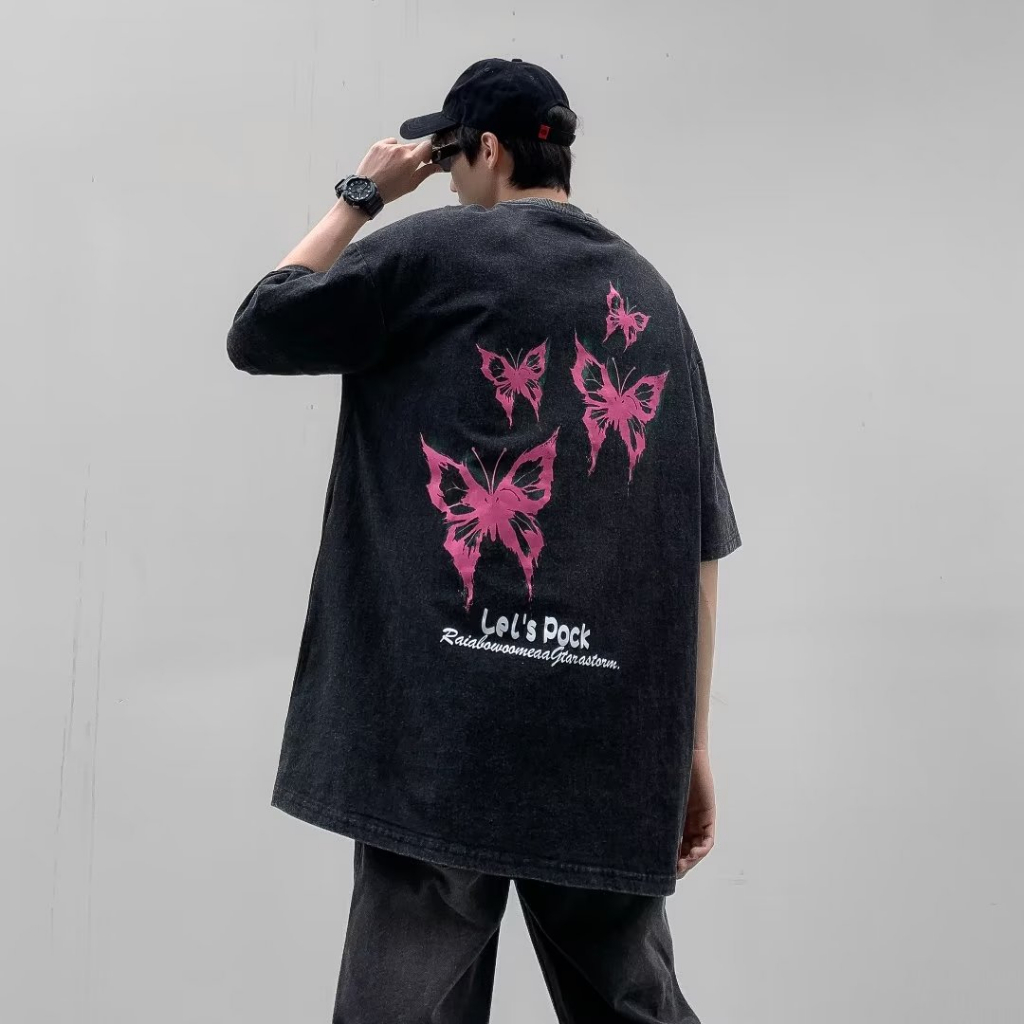 Áo Thun Nam Tay Ngắn Dáng Rộng In Hình Bướm Cá Tính