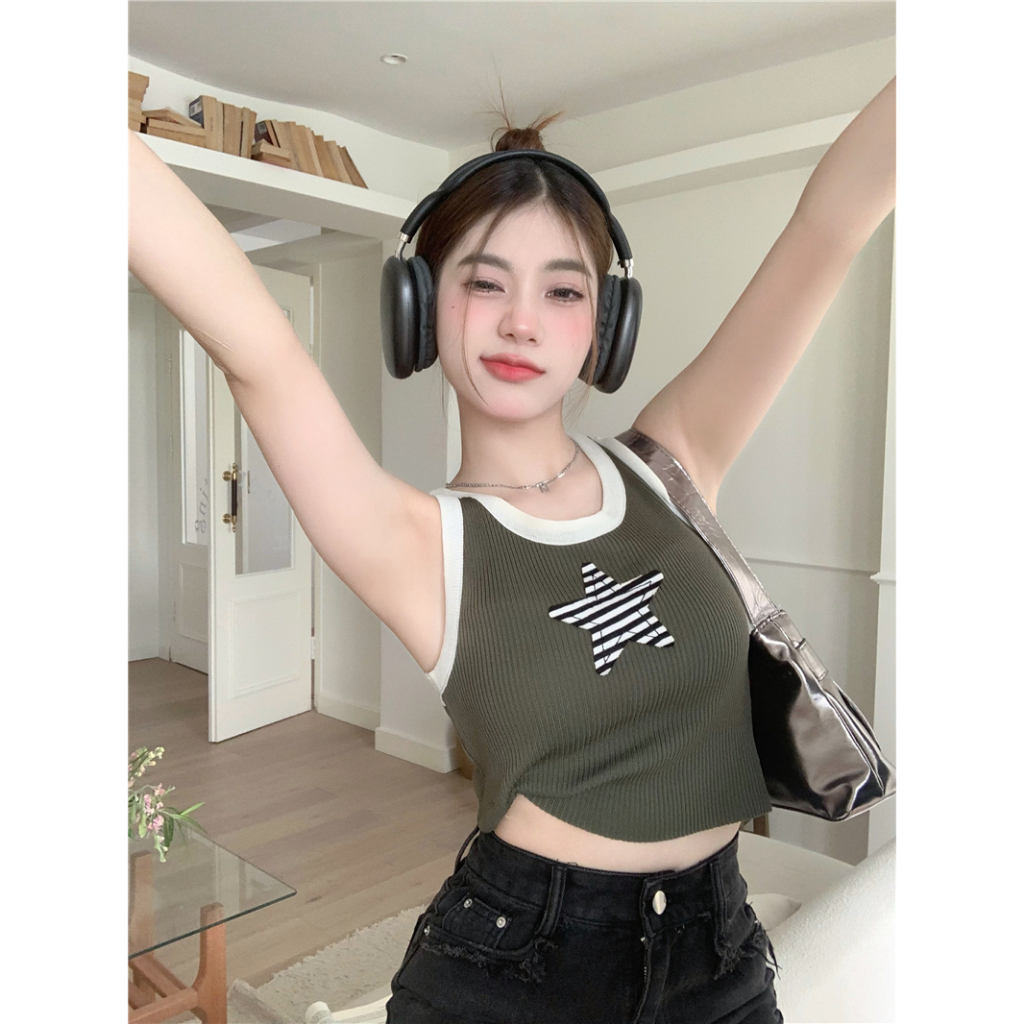 Lalisas Áo tank top Không Tay Kẻ Sọc Ngang In Hình Cô Gái Gia Vị Mỹ y2k