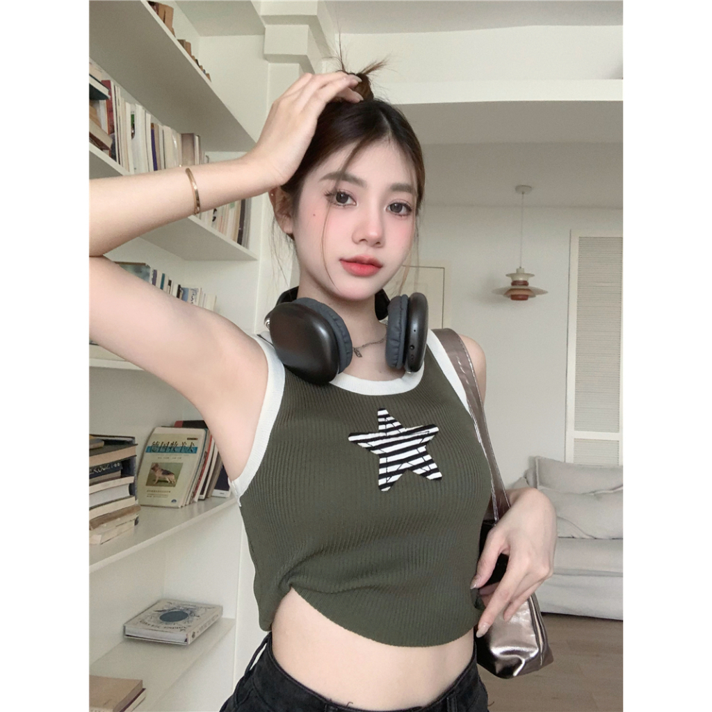 Lalisas Áo tank top Không Tay Kẻ Sọc Ngang In Hình Cô Gái Gia Vị Mỹ y2k