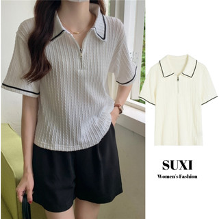 SUXI Áo polo ngắn tay dáng rộng màu trơn đơn giản thời trang hè cho nữ