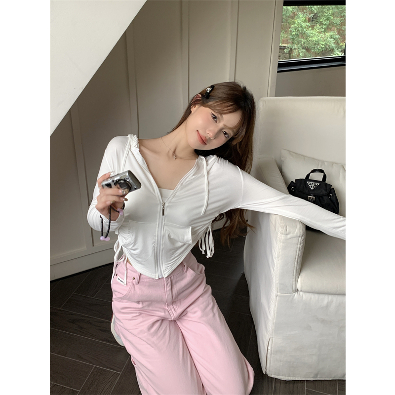 Áo Khoác cardigan Có Nón Chống Nắng Rút Dây Dáng Ôm Màu Trắng Kiểu Đơn Giản Cho Bạn Gái