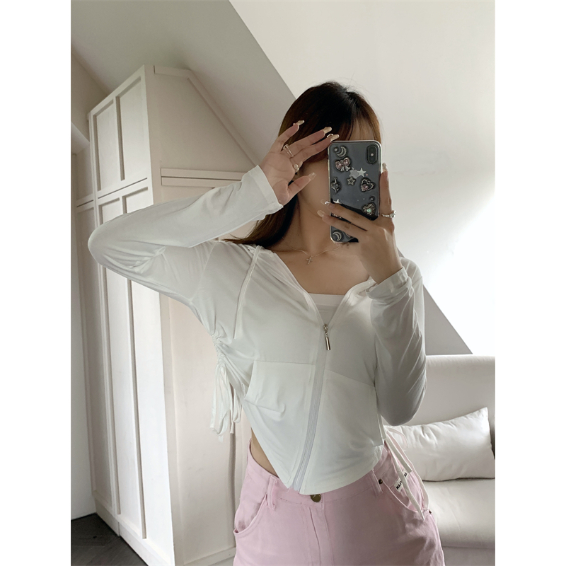 Áo Khoác cardigan Có Nón Chống Nắng Rút Dây Dáng Ôm Màu Trắng Kiểu Đơn Giản Cho Bạn Gái