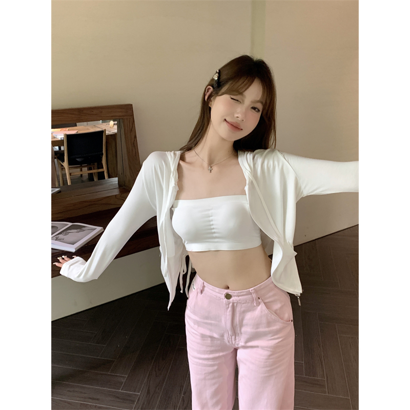 Áo Khoác cardigan Có Nón Chống Nắng Rút Dây Dáng Ôm Màu Trắng Kiểu Đơn Giản Cho Bạn Gái