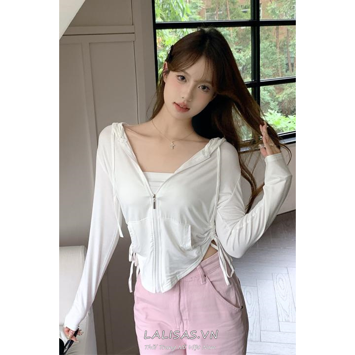 Áo Khoác cardigan Có Nón Chống Nắng Rút Dây Dáng Ôm Màu Trắng Kiểu Đơn Giản Cho Bạn Gái