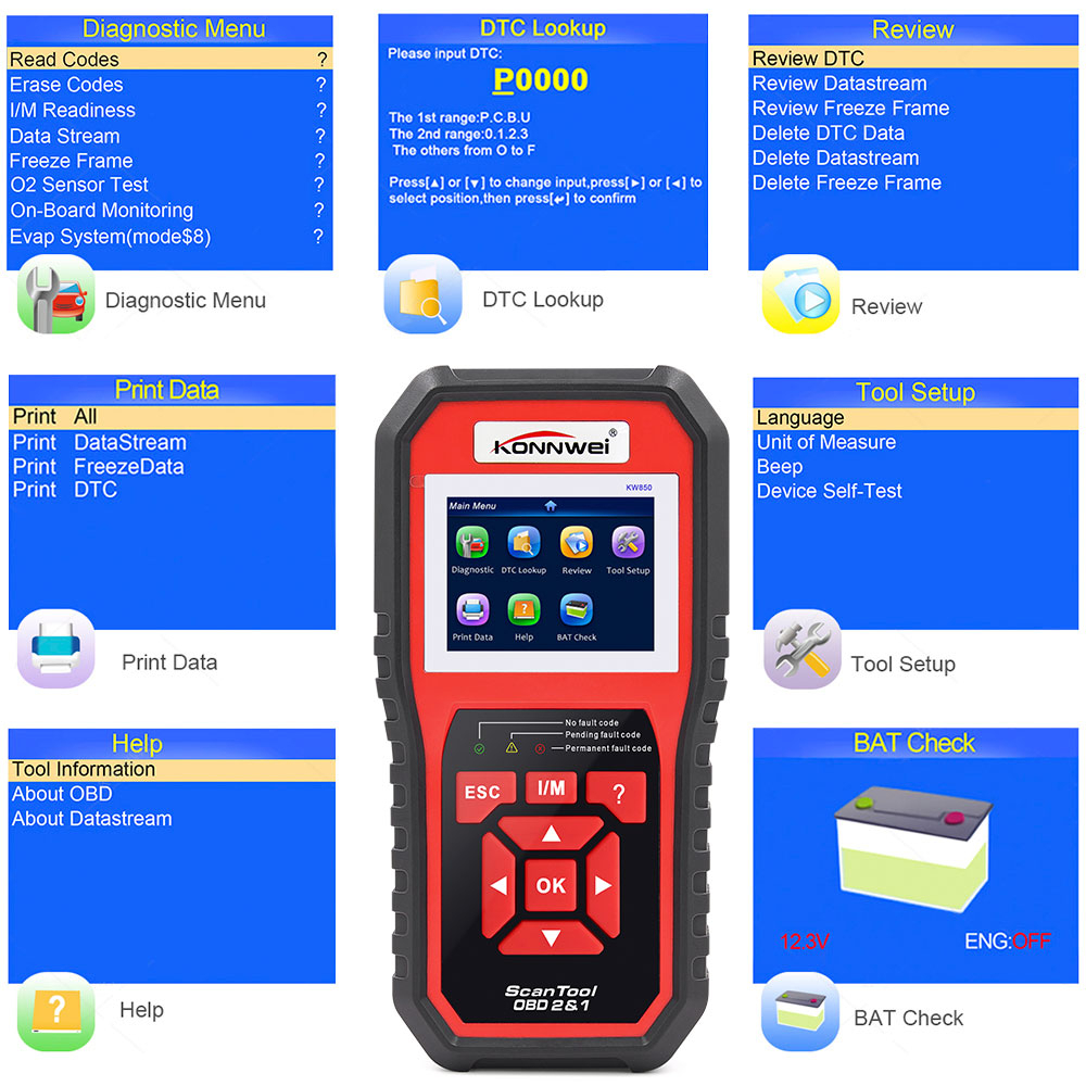 Thiết Bị Quét Chẩn Đoán Lỗi Ô Tô OBD2 / EOBD KONNWEI KW850 OBD 2