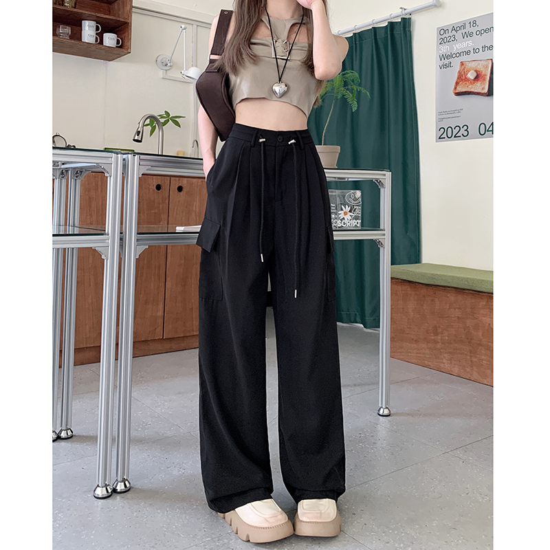 Quần Dài Ống Rộng Lưng Cao Màu Trơn Phối Dây Rút Thời Trang Cá Tính Cho Nữ
