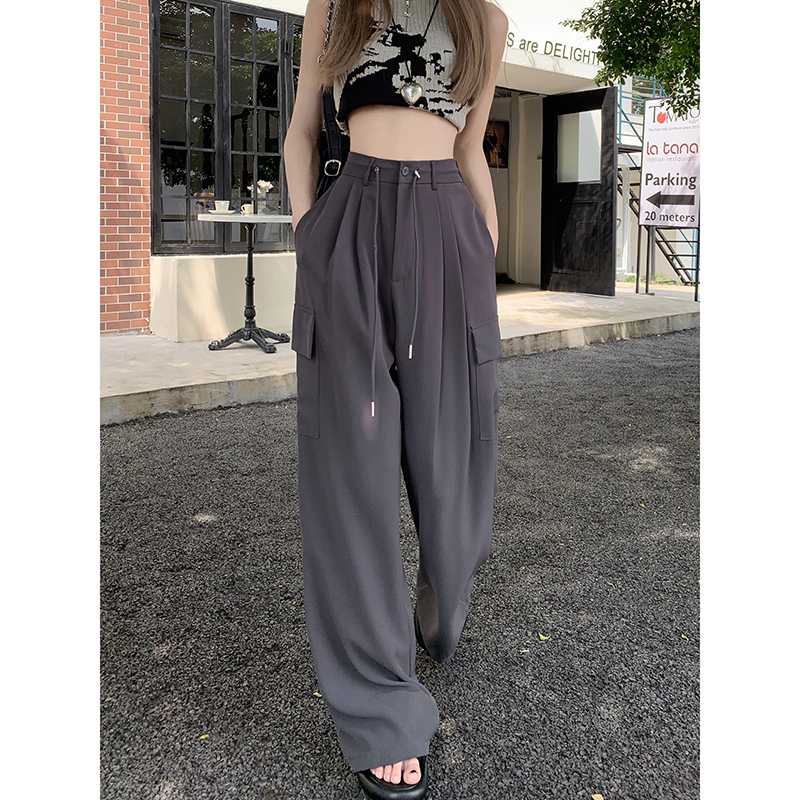 Quần Dài Ống Rộng Lưng Cao Màu Trơn Phối Dây Rút Thời Trang Cá Tính Cho Nữ