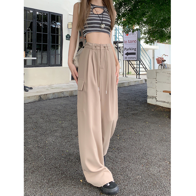 Quần Dài Ống Rộng Lưng Cao Màu Trơn Phối Dây Rút Thời Trang Cá Tính Cho Nữ