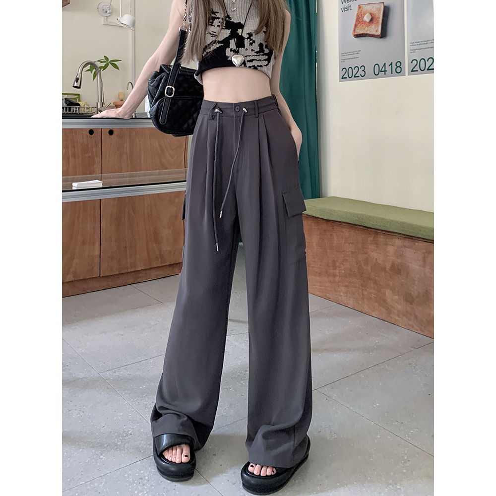 Quần Dài Ống Rộng Lưng Cao Màu Trơn Phối Dây Rút Thời Trang Cá Tính Cho Nữ