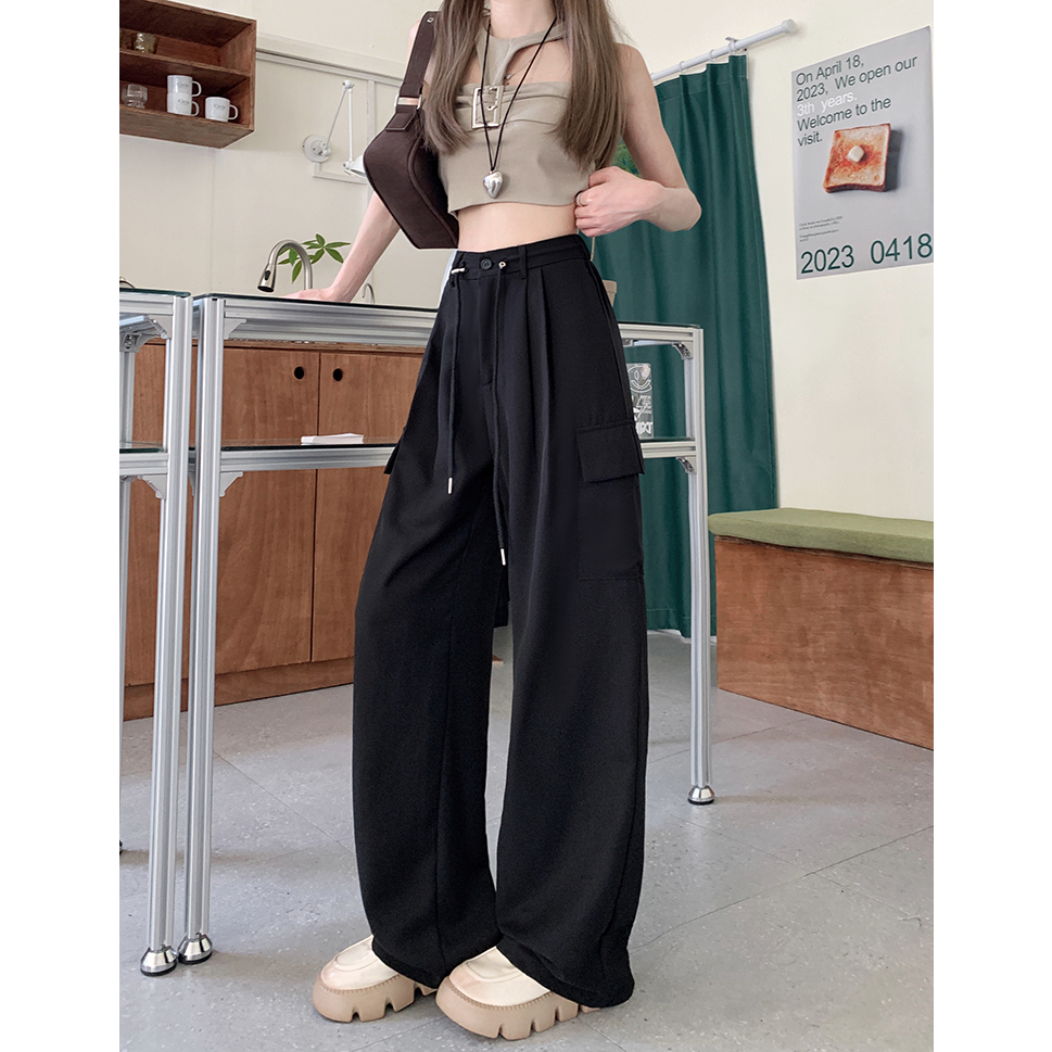 Quần Dài Ống Rộng Lưng Cao Màu Trơn Phối Dây Rút Thời Trang Cá Tính Cho Nữ