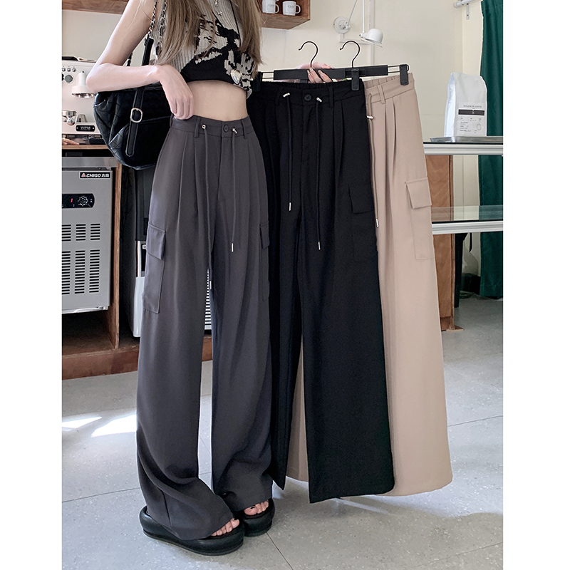 Quần Dài Ống Rộng Lưng Cao Màu Trơn Phối Dây Rút Thời Trang Cá Tính Cho Nữ