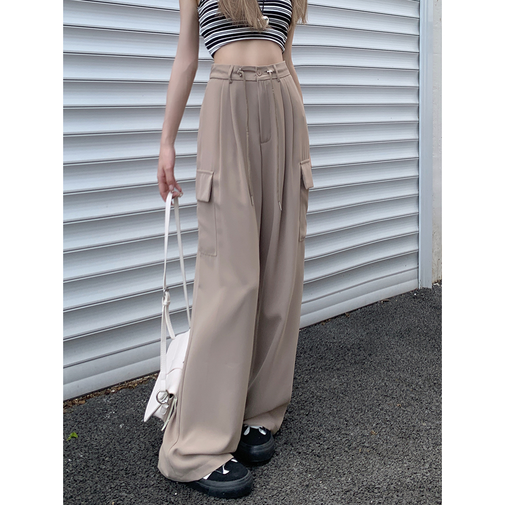 Quần Dài Ống Rộng Lưng Cao Màu Trơn Phối Dây Rút Thời Trang Cá Tính Cho Nữ