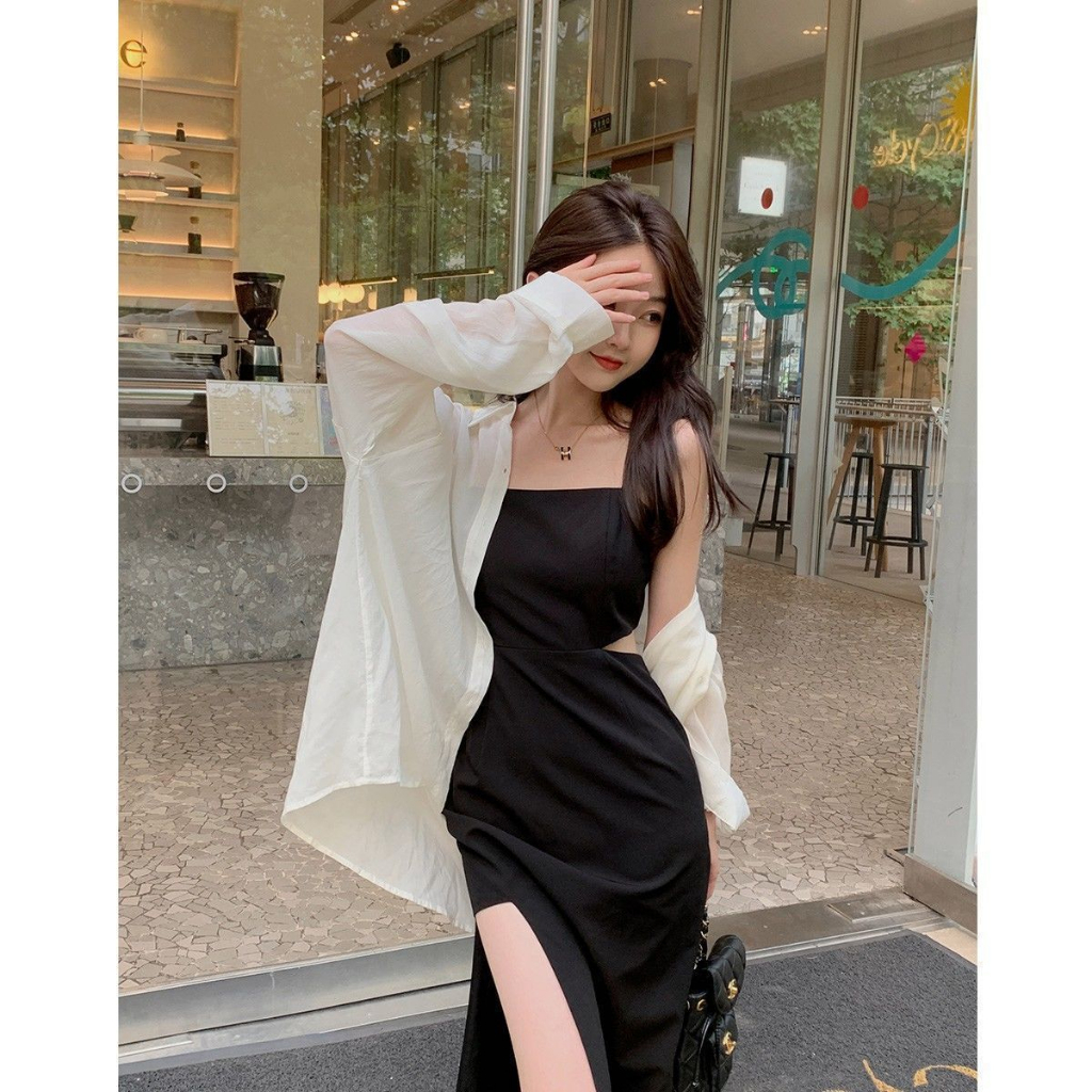 2023 Summer Two-Piece Dress Black Mid-Waist Split Long Dress for Women