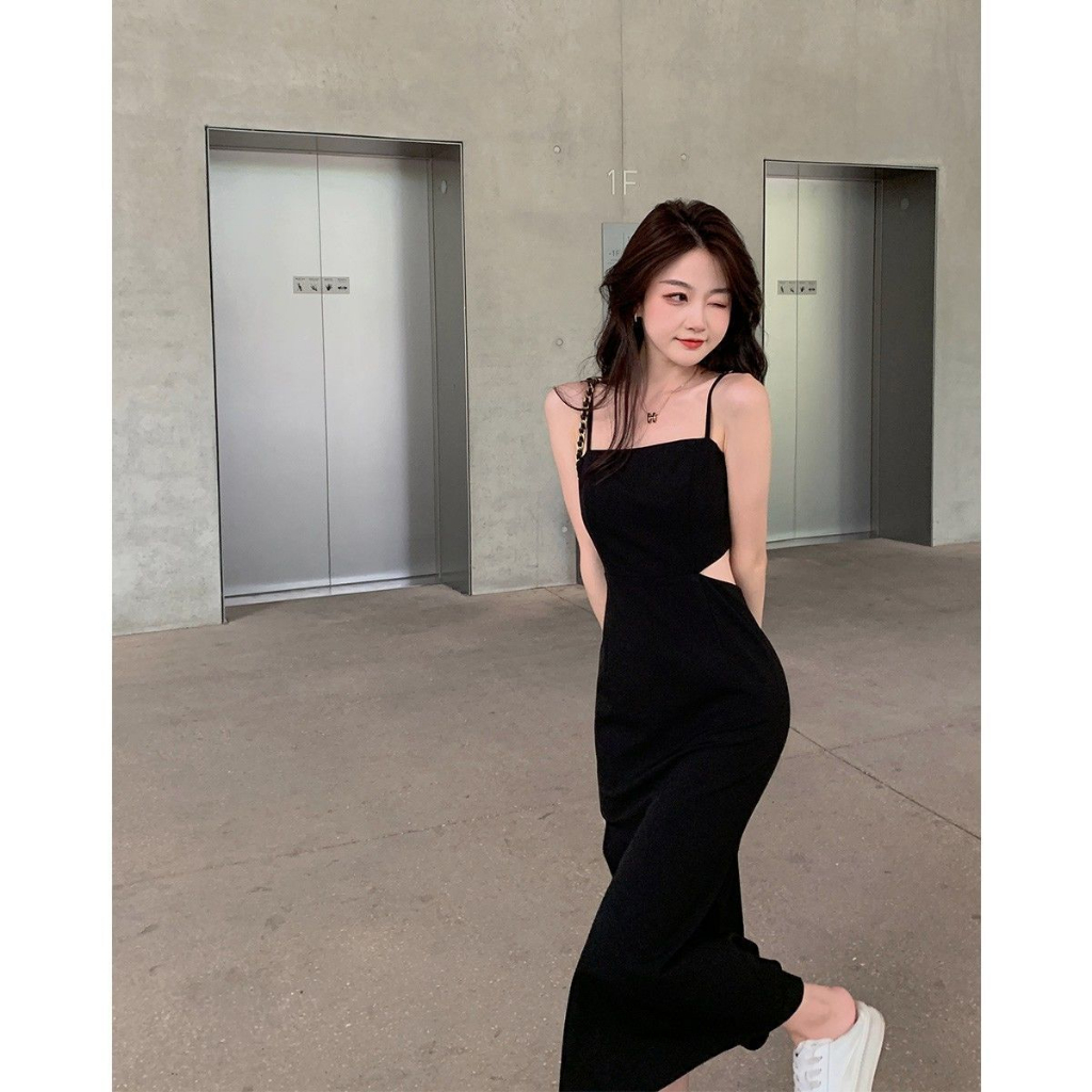 2023 Summer Two-Piece Dress Black Mid-Waist Split Long Dress for Women