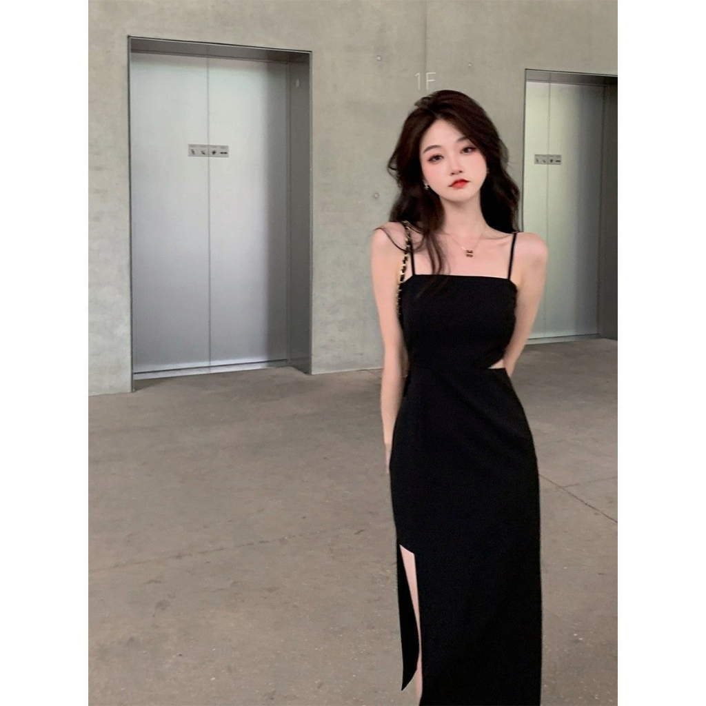 2023 Summer Two-Piece Dress Black Mid-Waist Split Long Dress for Women