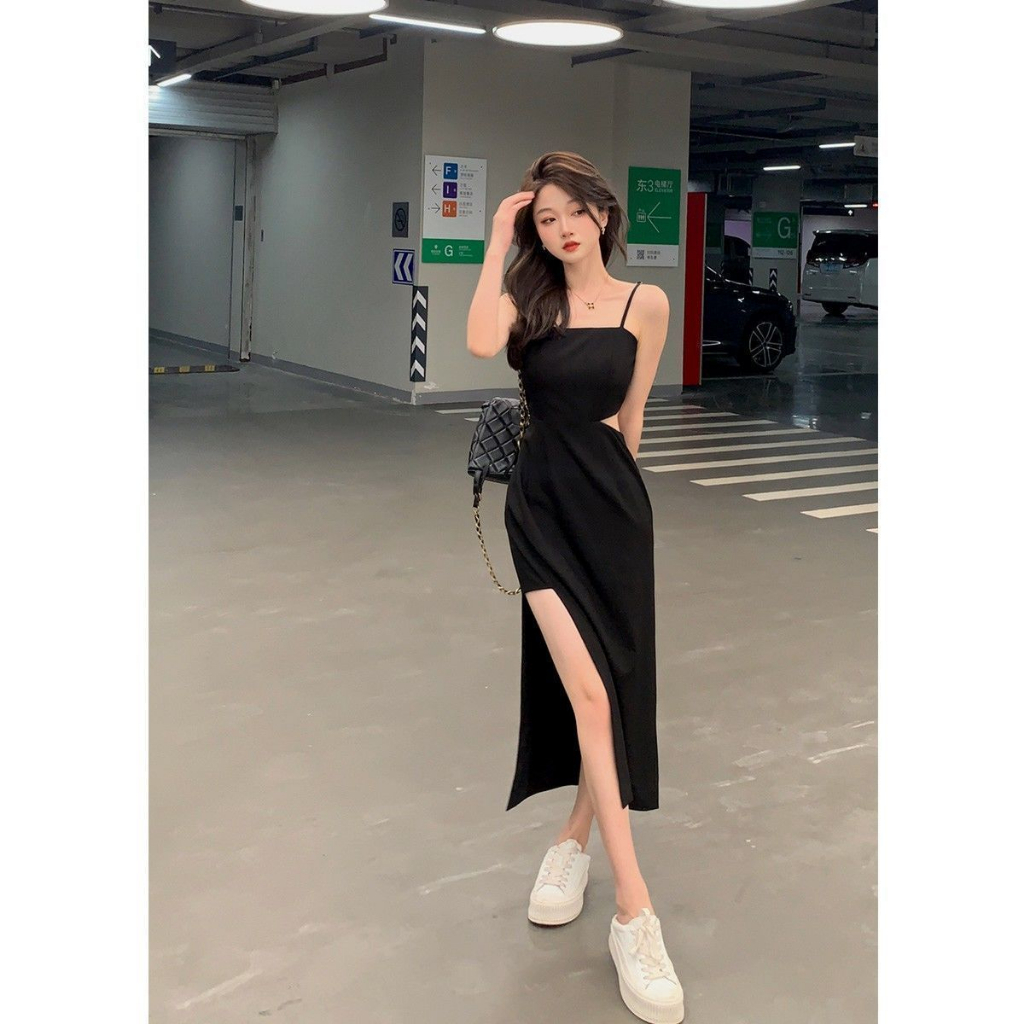 2023 Summer Two-Piece Dress Black Mid-Waist Split Long Dress for Women