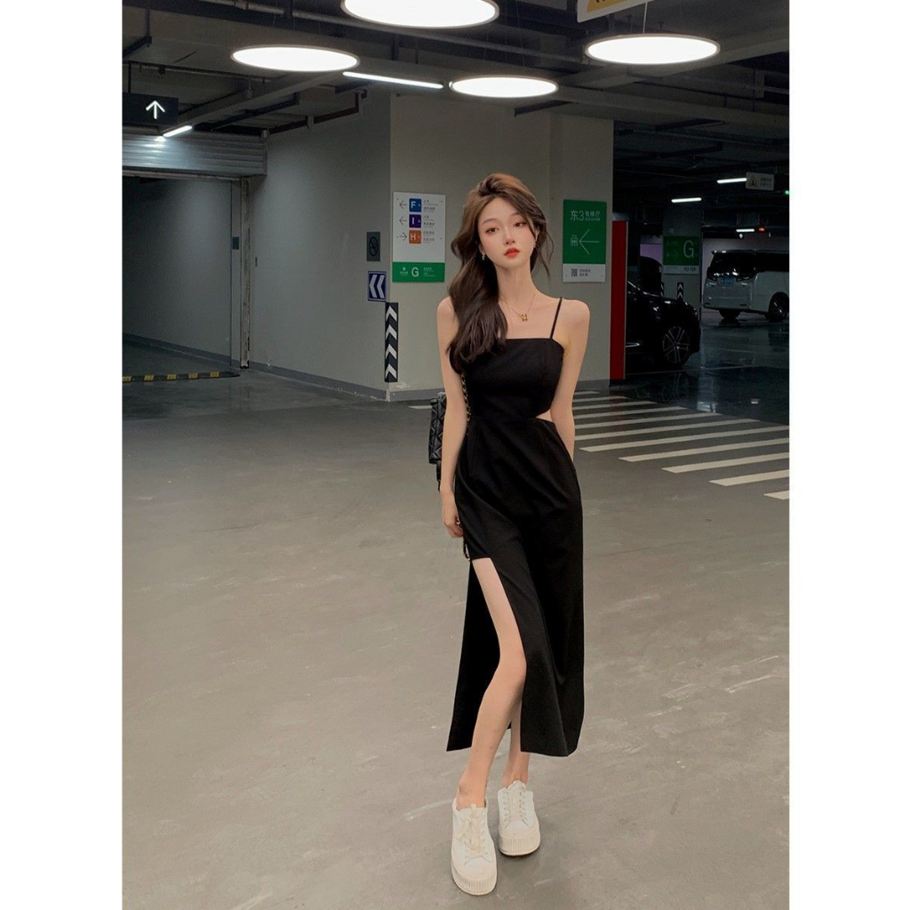 2023 Summer Two-Piece Dress Black Mid-Waist Split Long Dress for Women