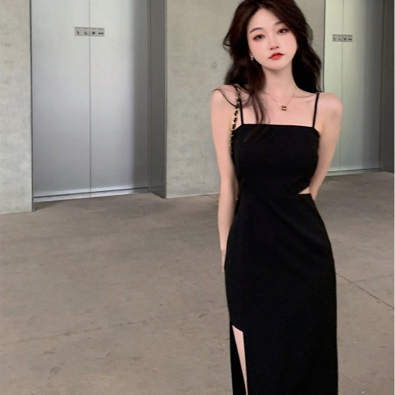 2023 Summer Two-Piece Dress Black Mid-Waist Split Long Dress for Women