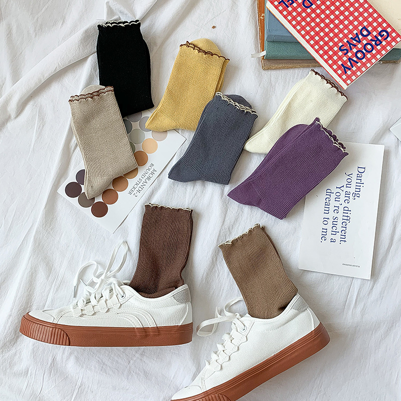 FHYL Đôi Vớ Cotton Màu Trơn Cổ Điển Thời Trang Hàn Quốc Cho Nữ