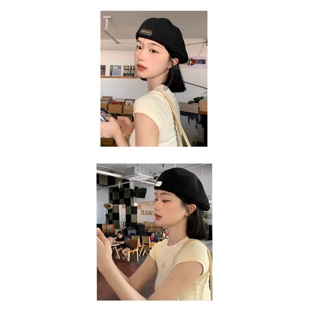 Mũ Beret Màu Đen Nhãn Dán Kim Loại Thoáng Khí Thời Trang Xuân Hè Dành Cho Nữ