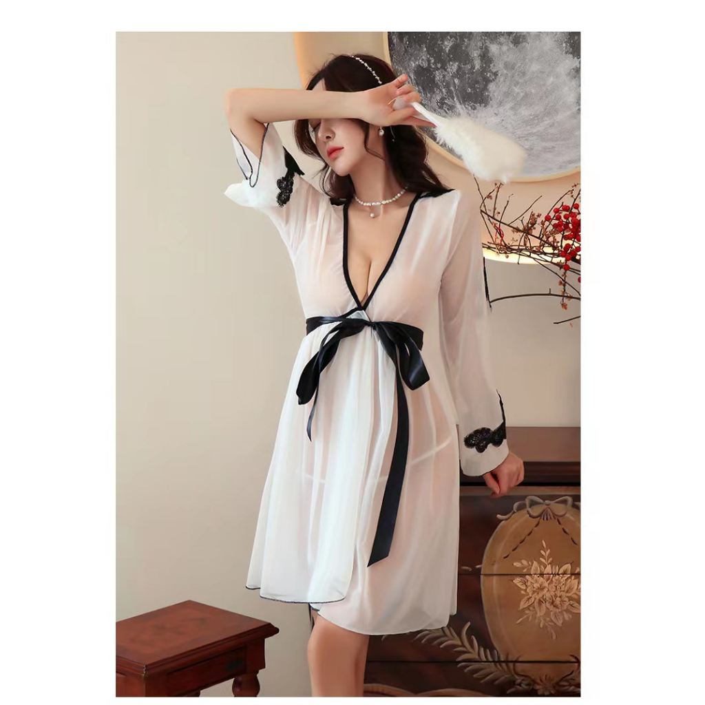 Đồ Lót Ngủ Kimono Lụa Lạnh Vải Voan Phối Ren In Họa Tiết Phong Cách Nhật Bản Quyến Rũ