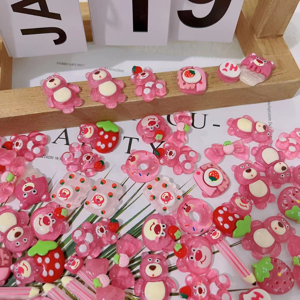 Bộ 20 Tượng Gấu Và Dâu Tây Hoạt Hình Mini Bằng Nhựa Resin Trang Trí Sổ Tay Diy