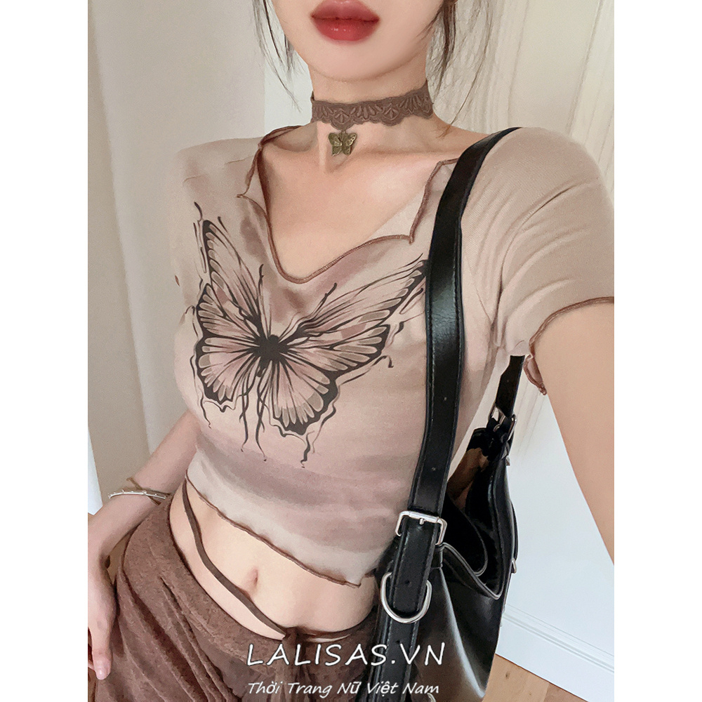 Lalisas Set Áo Thun Dệt Kim Ngắn Tay Co Giãn Nhuộm Màu Hình Bướm + Chân Váy Lanh Dài Thời Trang Retro Cho Nữ (Đặt Hàng separately)