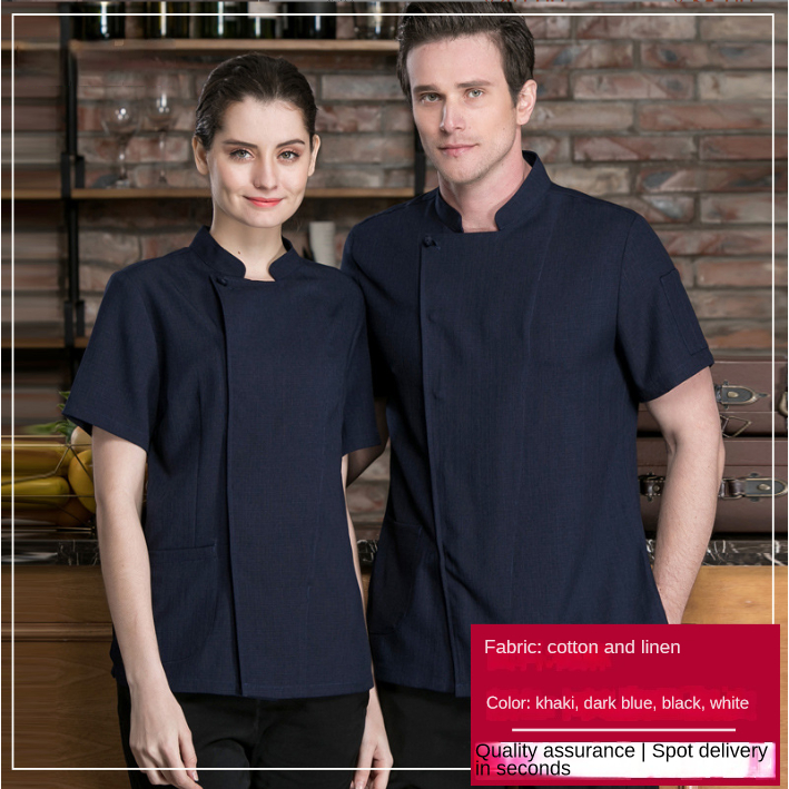 Áo Đồng Phục Đầu Bếp Ngắn Tay Vải cotton Lanh Thoáng Khí Cao Cấp Cho Nam Nữ Đen