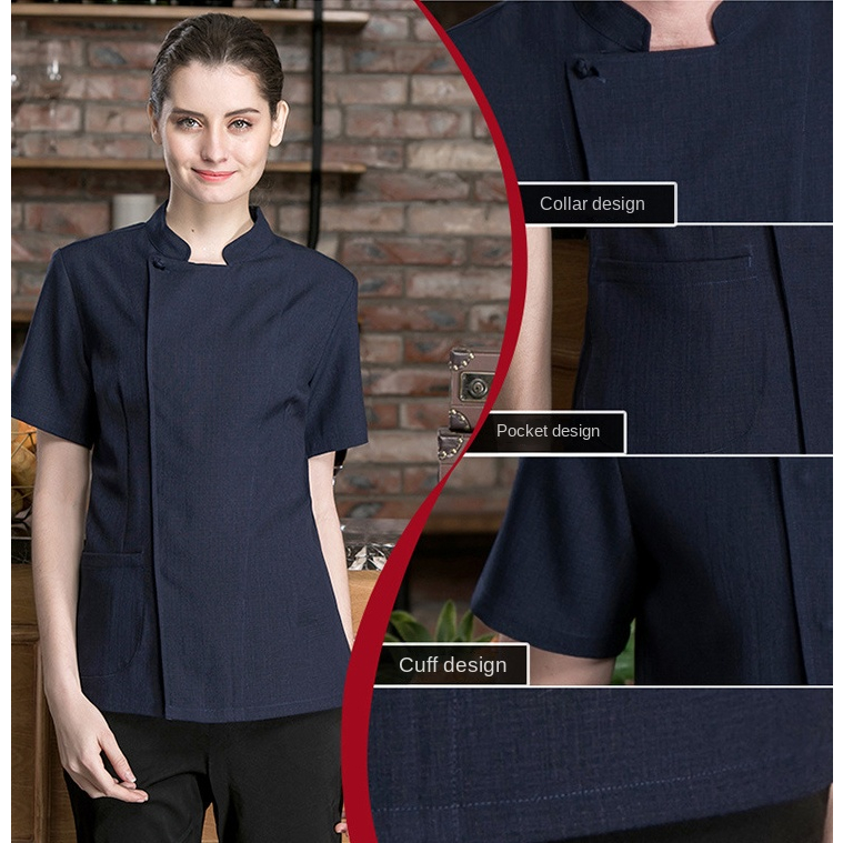 Áo Đồng Phục Đầu Bếp Ngắn Tay Vải cotton Lanh Thoáng Khí Cao Cấp Cho Nam Nữ Đen