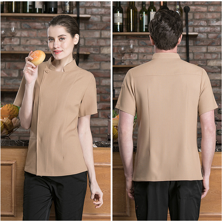 Áo Đồng Phục Đầu Bếp Ngắn Tay Vải cotton Lanh Thoáng Khí Cao Cấp Cho Nam Nữ Đen