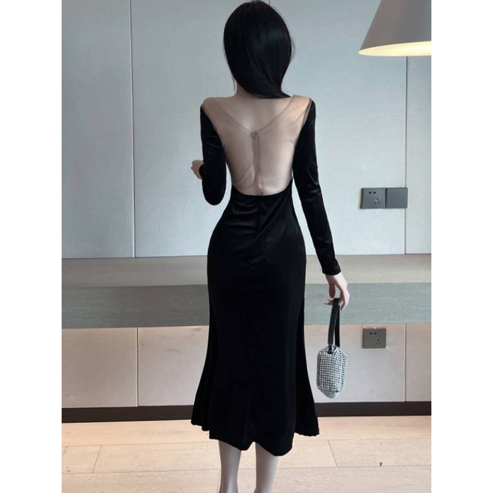 Spring New elegant socialite V-neck stitching mesh slim sheath split party dress women's long sleeve dress XKGV