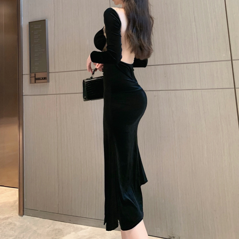 Spring New elegant socialite V-neck stitching mesh slim sheath split party dress women's long sleeve dress XKGV