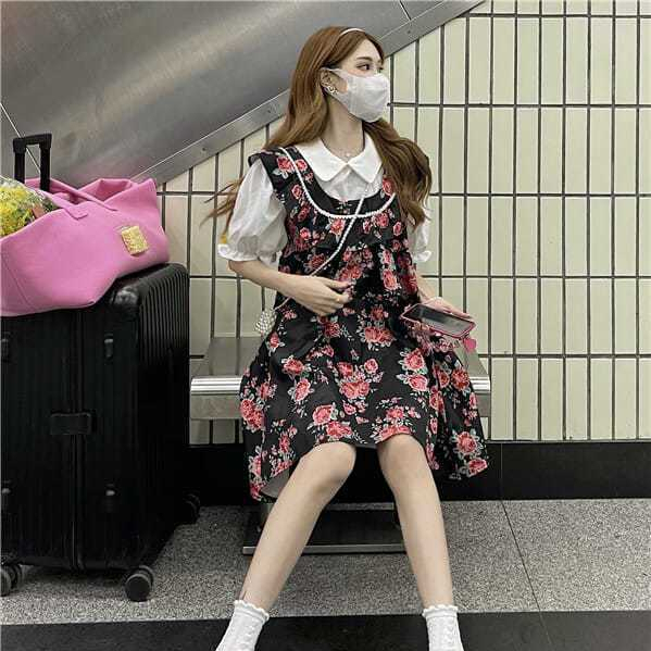 Set áo sơ mi tay phồng thắt nơ phối chân váy hoa dáng rộng thời trang cho nữ