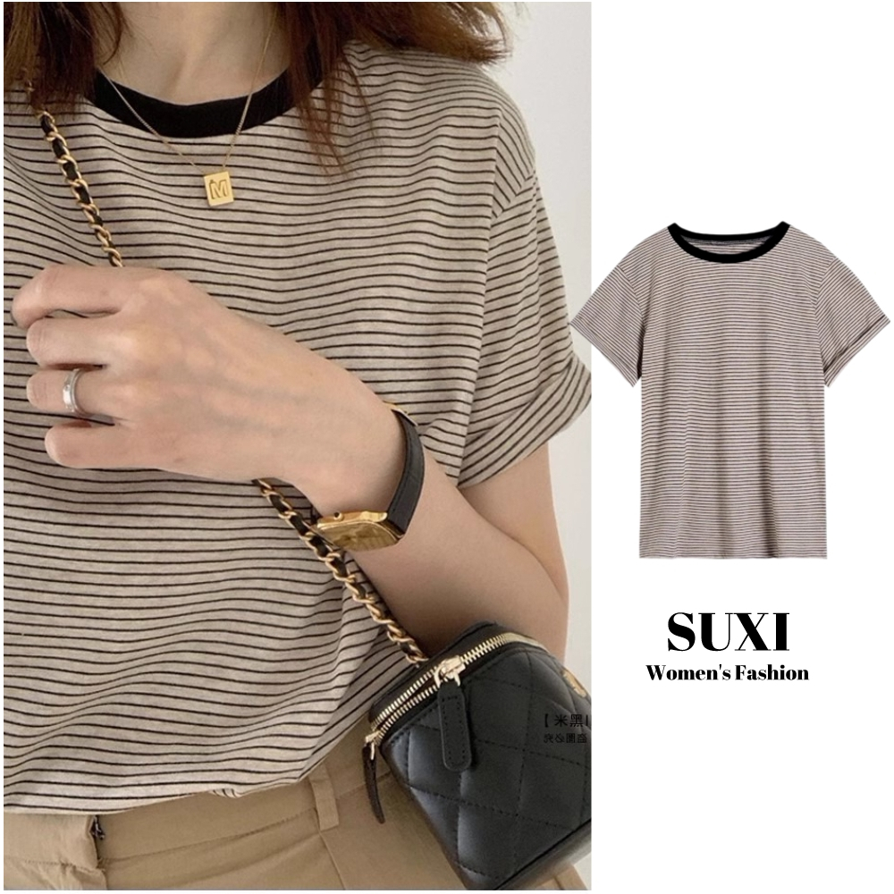 SUXI Áo Thun Nữ Ngắn Tay Cổ Tròn Sọc Ngang Thời Trang