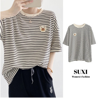 SUXI Áo Thun Nữ Ngắn Tay Cổ Tròn Sọc Ngang Thời Trang