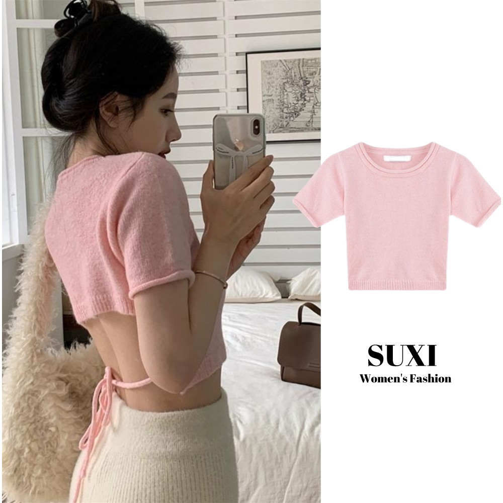 Áo croptop dệt kim SUXI tay ngắn lưng cao cột dây phong cách Hàn Quốc quyến rũ