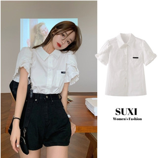 SUXI Áo sơ mi tay ngắn cổ chữ V màu trơn phong cách mùa hè thời trang cho nữ