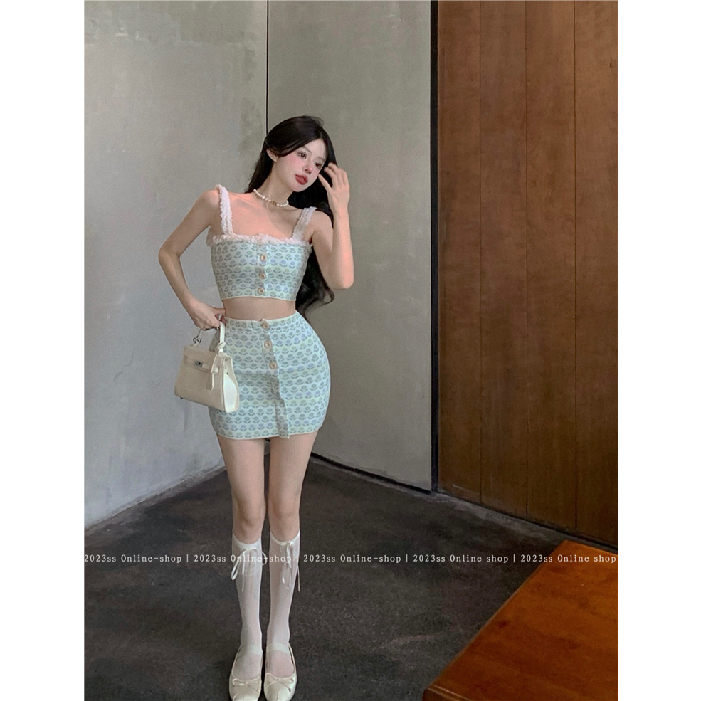 Lalisas Set Áo Hai Dây Dệt Kim Thủ Công Thiết Kế Ngọt Ngào + Chân Váy Ngắn Lưng Cao Quyến Rũ Cho Nữ (Đặt Hàng)