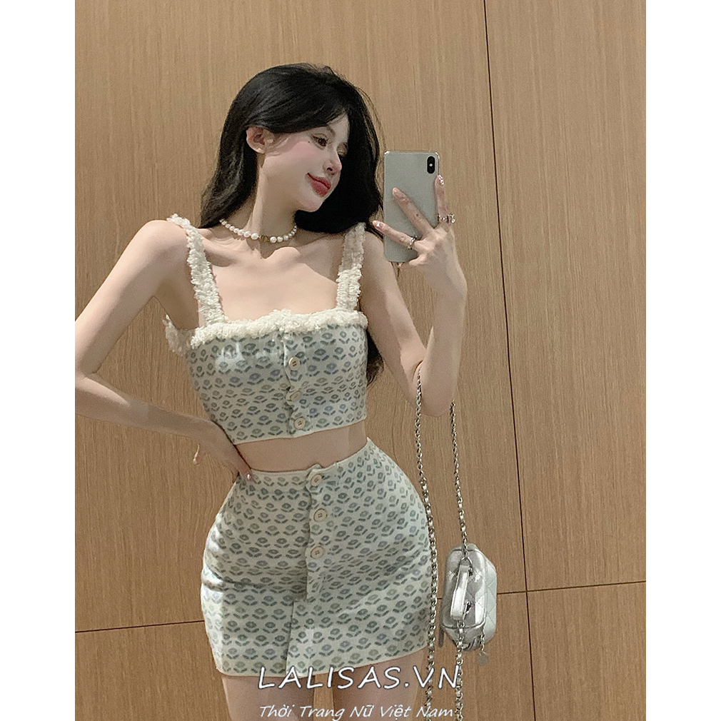Lalisas Set Áo Hai Dây Dệt Kim Thủ Công Thiết Kế Ngọt Ngào + Chân Váy Ngắn Lưng Cao Quyến Rũ Cho Nữ (Đặt Hàng)