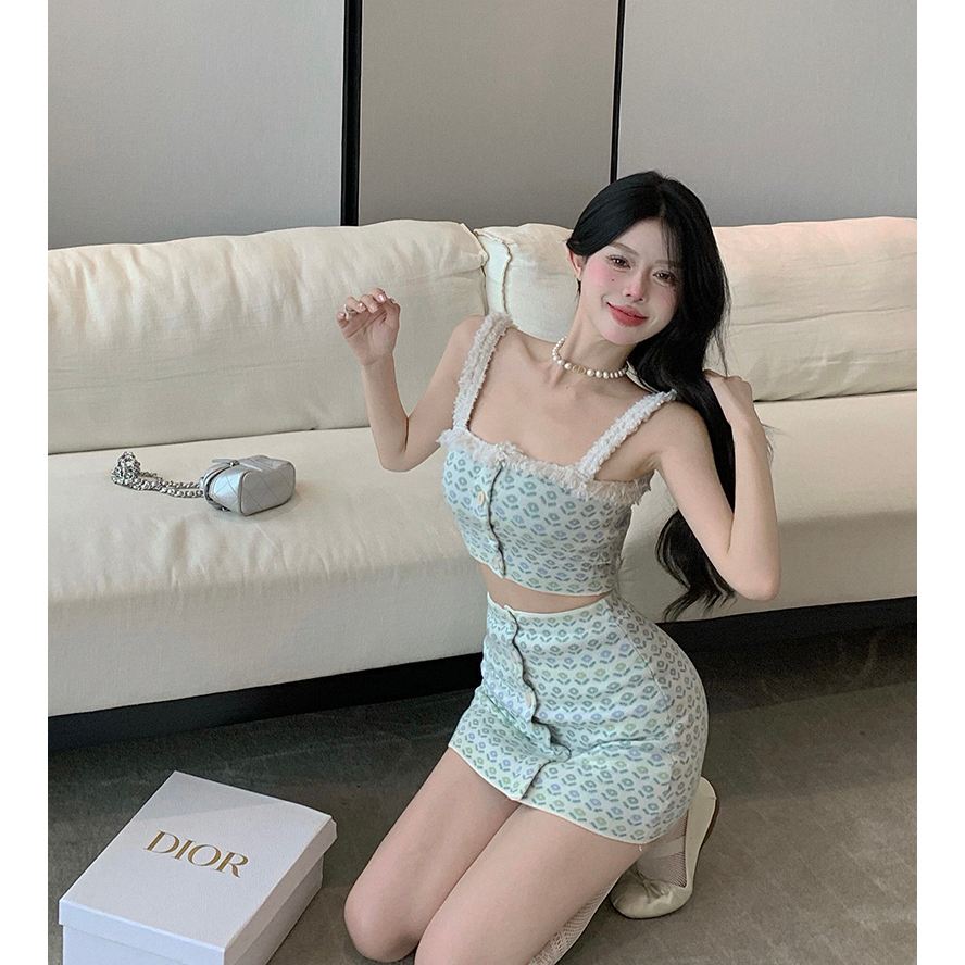 Lalisas Set Áo Hai Dây Dệt Kim Thủ Công Thiết Kế Ngọt Ngào + Chân Váy Ngắn Lưng Cao Quyến Rũ Cho Nữ (Đặt Hàng)