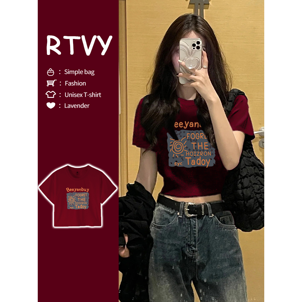 Áo Thun Croptop Tay Ngắn Dáng Ôm Màu Đỏ Rượu Vang Phong Cách Mỹ Thời Trang Mùa Hè Y2K