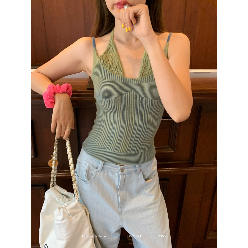 QADCOL Áo Thun Giả Hai Dây Màu Tương Phản Phong Cách Mới Mùa Hè Độc Đáo Cho Nữ