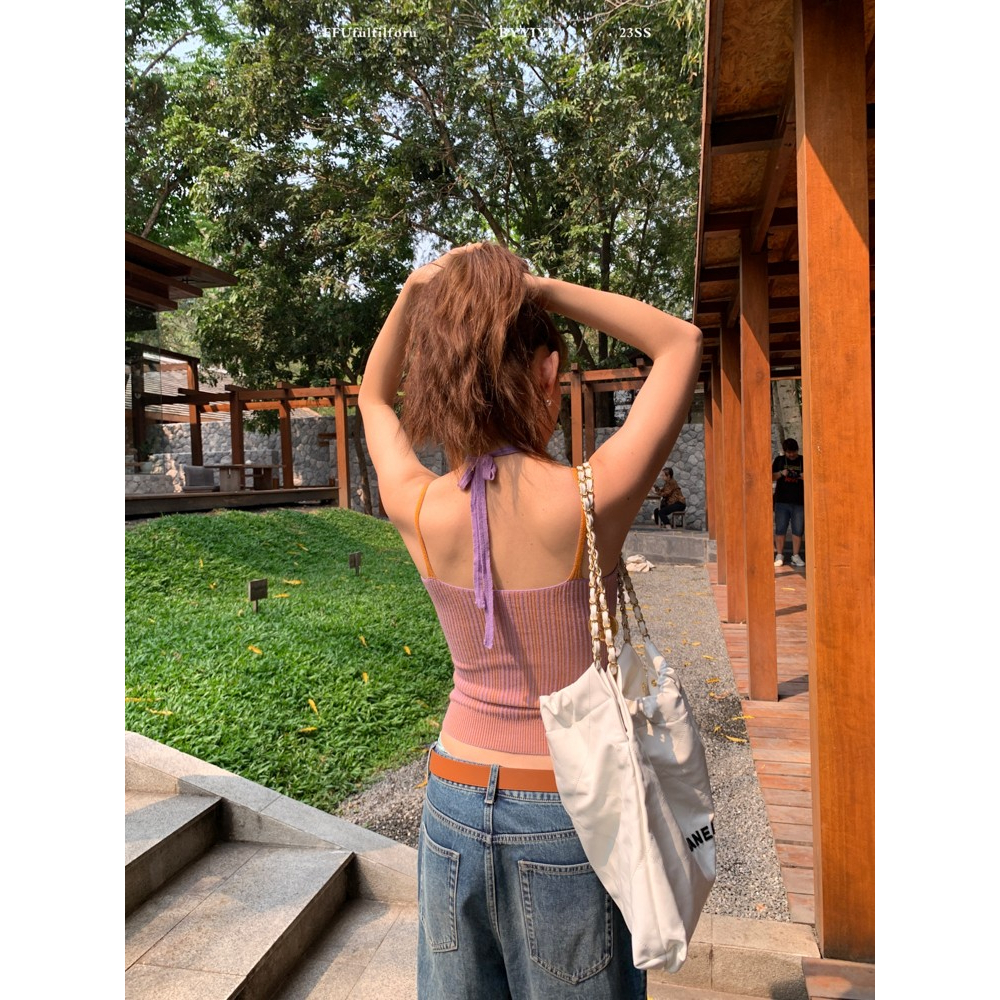 QADCOL Áo Thun Giả Hai Dây Màu Tương Phản Phong Cách Mới Mùa Hè Độc Đáo Cho Nữ