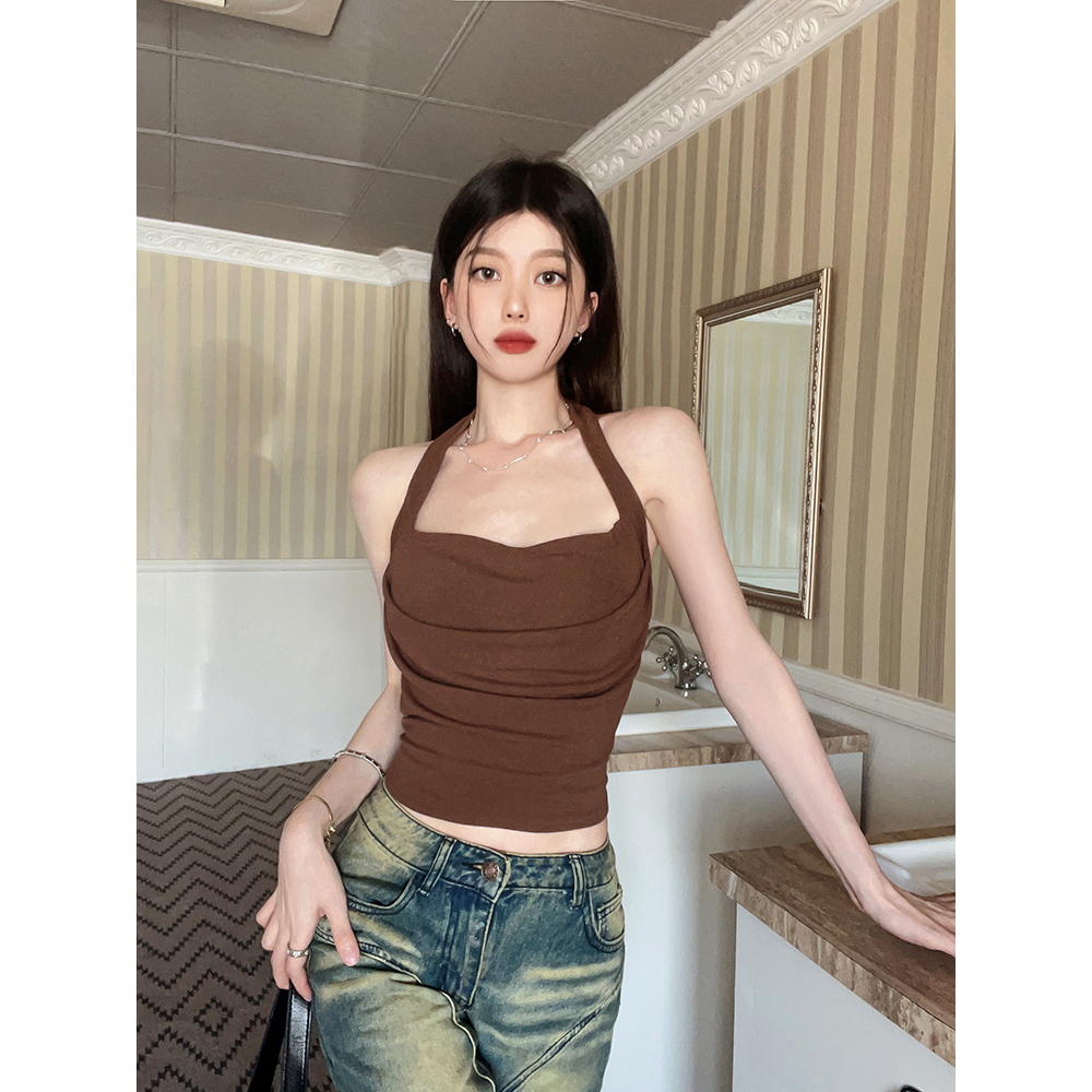 Lalisas Áo Hai Dây Dáng Ngắn Ôm Sát Cổ Treo Thiết Kế Đường Phố Cho Nữ