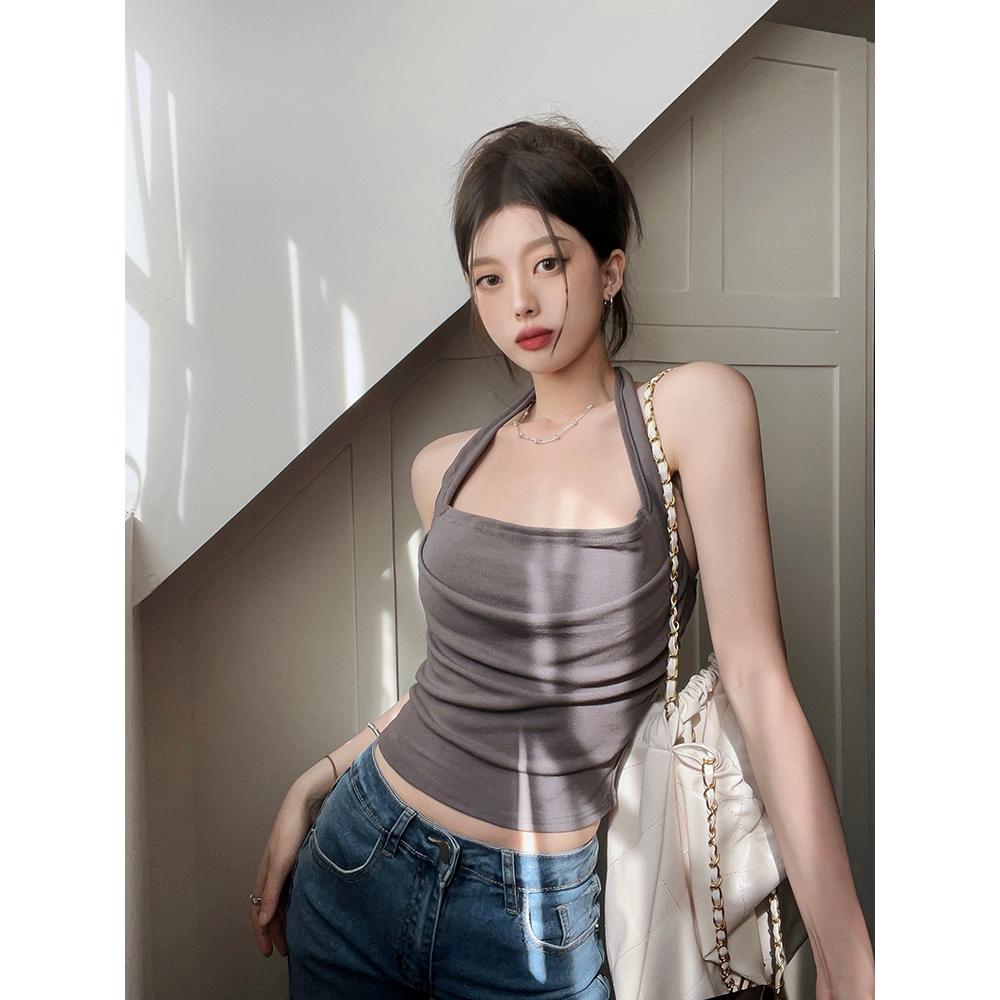 Lalisas Áo Hai Dây Dáng Ngắn Ôm Sát Cổ Treo Thiết Kế Đường Phố Cho Nữ