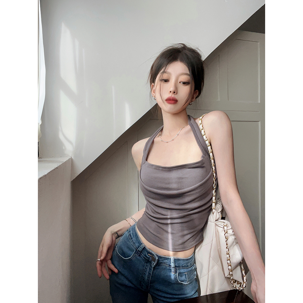 Lalisas Áo Hai Dây Dáng Ngắn Ôm Sát Cổ Treo Thiết Kế Đường Phố Cho Nữ