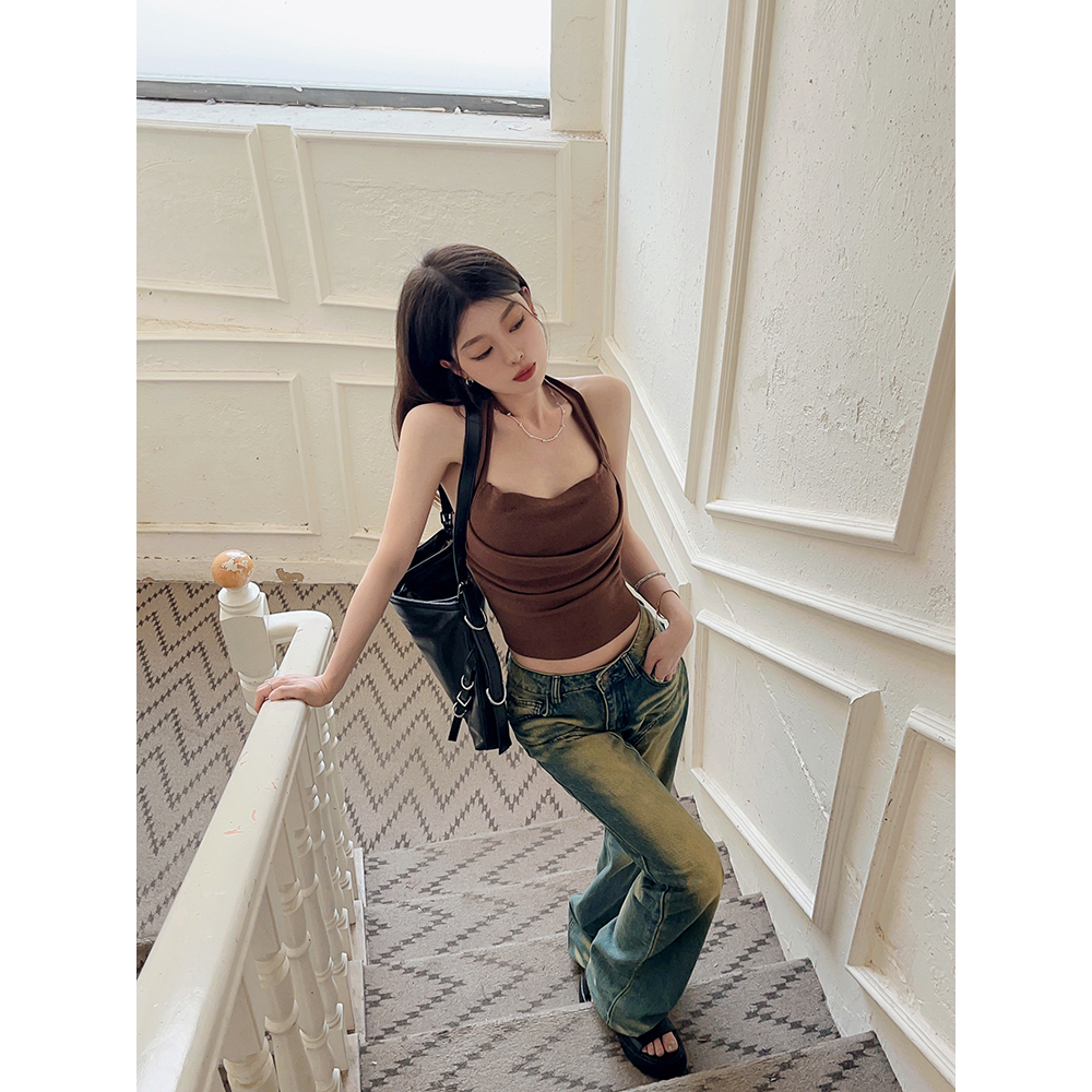 Lalisas Áo Hai Dây Dáng Ngắn Ôm Sát Cổ Treo Thiết Kế Đường Phố Cho Nữ