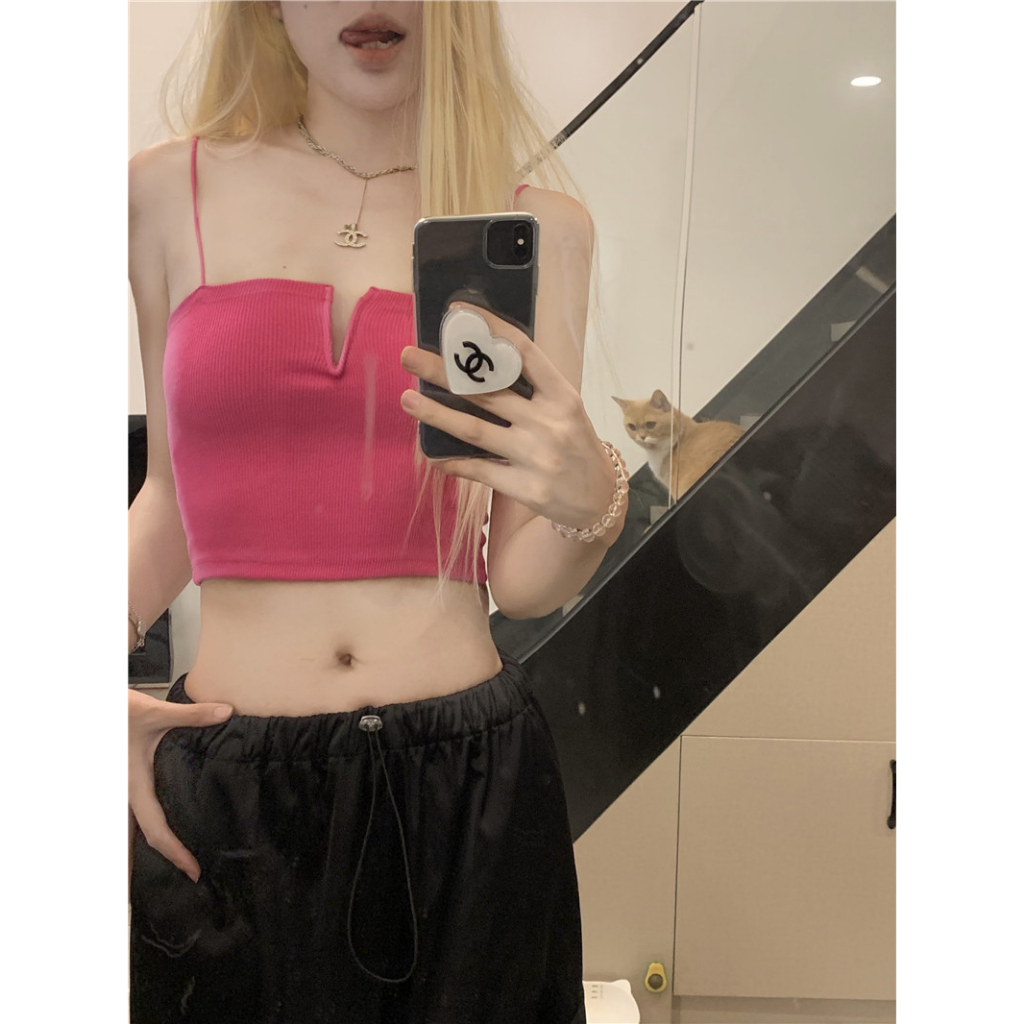 QADCOL Áo Tank Top Hai Dây Màu Đỏ Hồng Thuần Khiết Quyến Rũ Ngọt Ngào Cá Tính Và Spicy Ôm Sát Vừa Vặn Độc Đáo Cho Nữ Mặc Ngoài Trời Vào Mùa Hè
