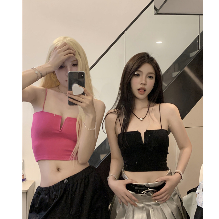 QADCOL Áo Tank Top Hai Dây Màu Đỏ Hồng Thuần Khiết Quyến Rũ Ngọt Ngào Cá Tính Và Spicy Ôm Sát Vừa Vặn Độc Đáo Cho Nữ Mặc Ngoài Trời Vào Mùa Hè