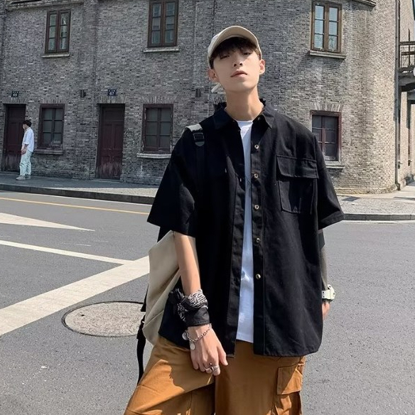 EERSHENSHI Áo Choàng Vải Thời Trang Dạo Phố Năng Động|Áo Sơ Mi Nam Ngắn Tay Dáng Rộng Phong Cách Nhật Bản